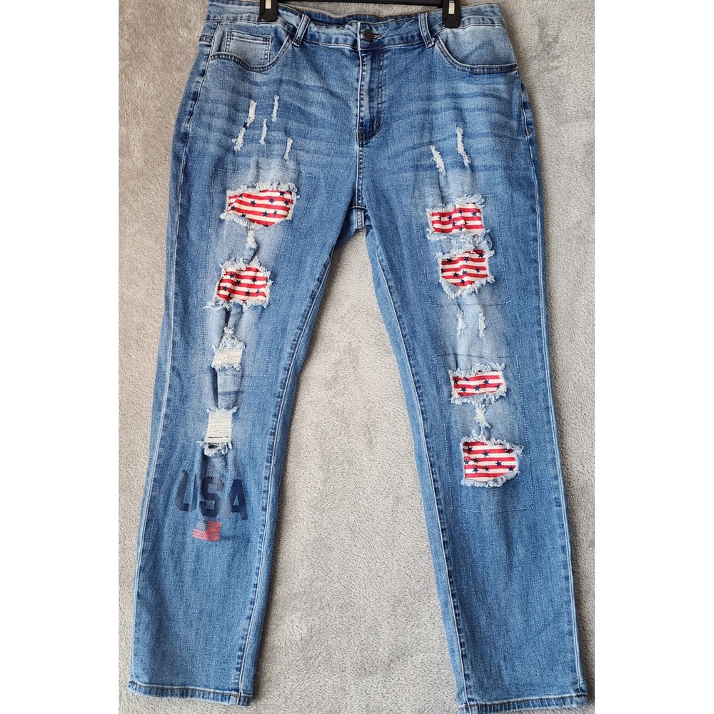 Unbranded Denim Jeans Womens 2XL Blue Distressed USA American Flag Patch Leg